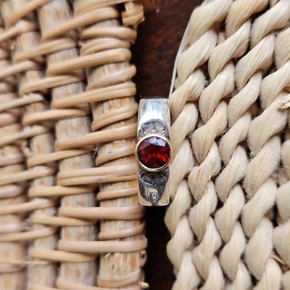 Vintage Two Tone Garnet 14k Gold & 925 Sterling Ring